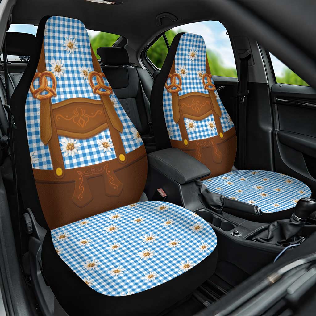 Traditional German Costume - Lederhosen and Soft Pretzel Car Seat Cover Red Plaid Pattern with Edelweiss Flowers