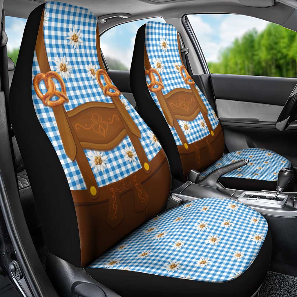 Traditional German Costume - Lederhosen and Soft Pretzel Car Seat Cover Red Plaid Pattern with Edelweiss Flowers