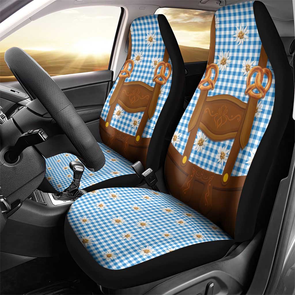 Traditional German Costume - Lederhosen and Soft Pretzel Car Seat Cover Red Plaid Pattern with Edelweiss Flowers