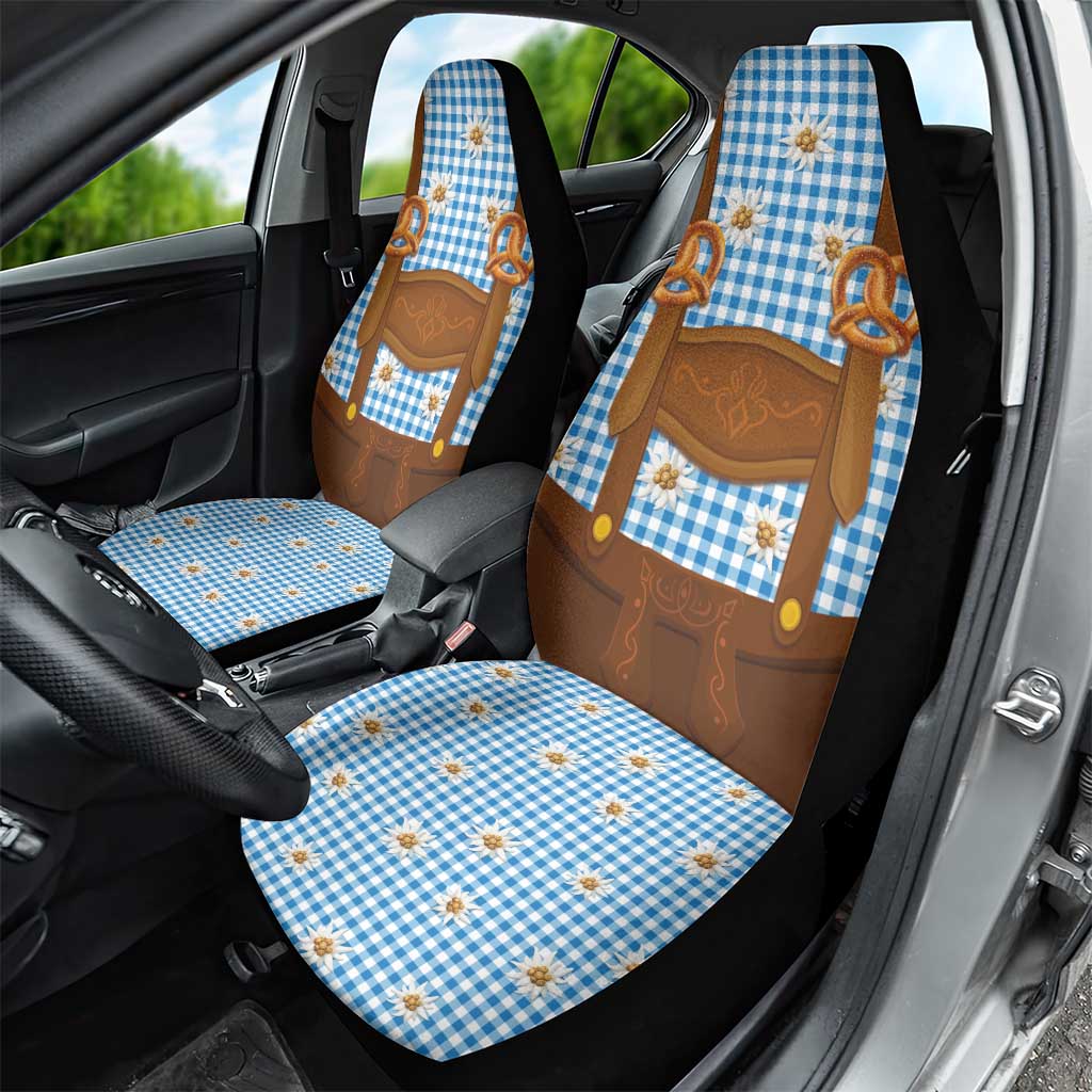Traditional German Costume - Lederhosen and Soft Pretzel Car Seat Cover Red Plaid Pattern with Edelweiss Flowers