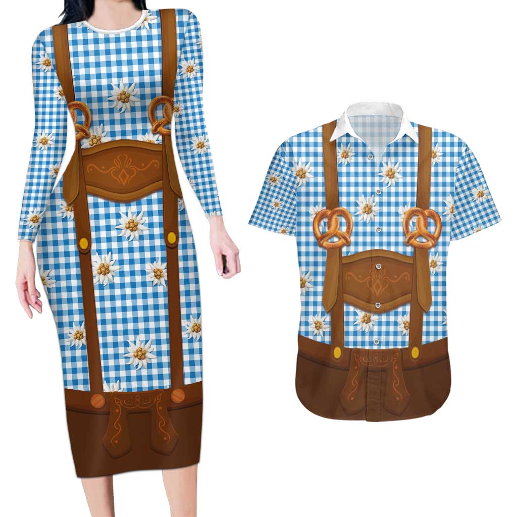 Traditional German Costume - Lederhosen and Soft Pretzel Couples Matching Long Sleeve Bodycon Dress and Hawaiian Shirt Red Plaid Pattern with Edelweiss Flowers