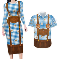 Traditional German Costume - Lederhosen and Soft Pretzel Couples Matching Long Sleeve Bodycon Dress and Hawaiian Shirt Red Plaid Pattern with Edelweiss Flowers