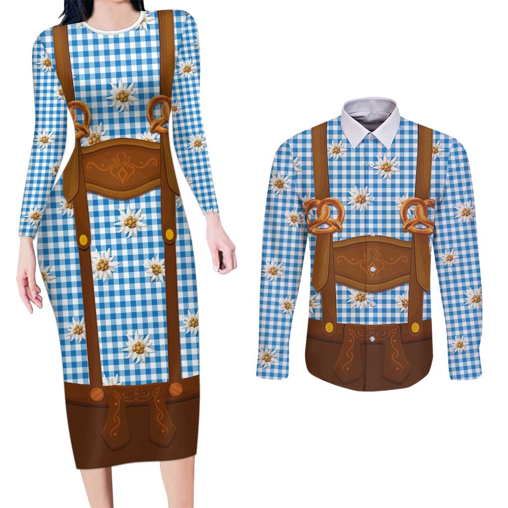Traditional German Costume - Lederhosen and Soft Pretzel Couples Matching Long Sleeve Bodycon Dress and Long Sleeve Button Shirt Red Plaid Pattern with Edelweiss Flowers