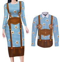 Traditional German Costume - Lederhosen and Soft Pretzel Couples Matching Long Sleeve Bodycon Dress and Long Sleeve Button Shirt Red Plaid Pattern with Edelweiss Flowers