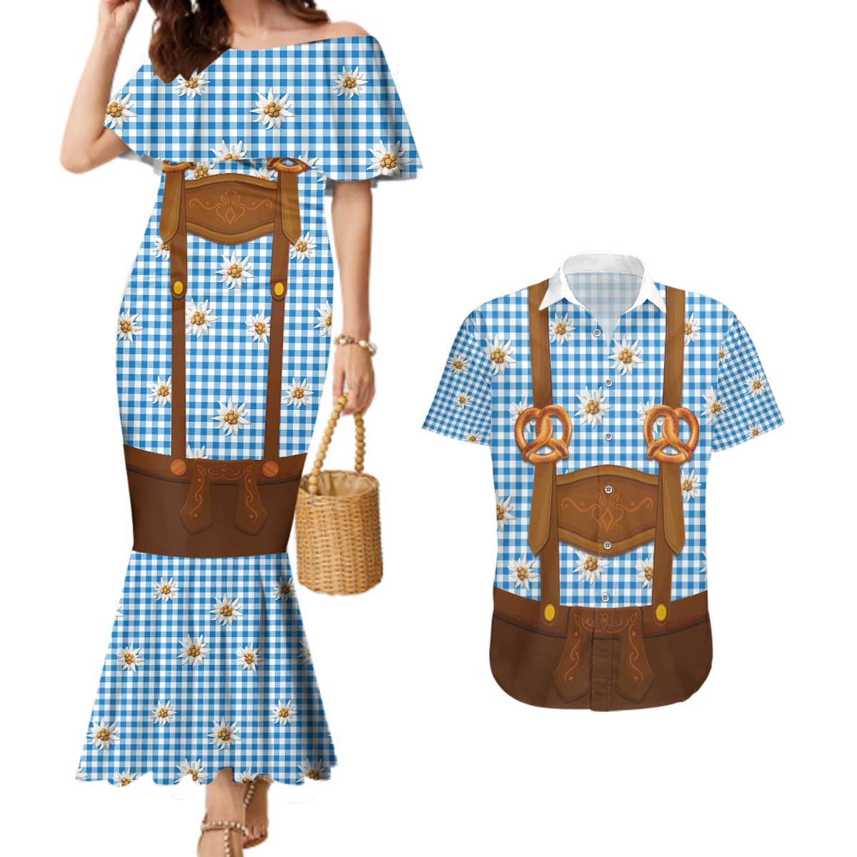 Traditional German Costume - Lederhosen and Soft Pretzel Couples Matching Mermaid Dress and Hawaiian Shirt Red Plaid Pattern with Edelweiss Flowers