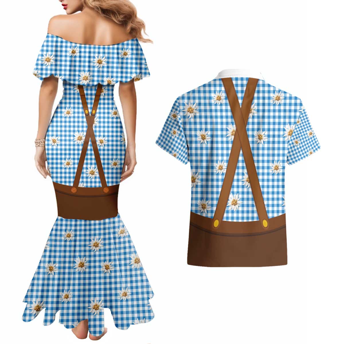 Traditional German Costume - Lederhosen and Soft Pretzel Couples Matching Mermaid Dress and Hawaiian Shirt Red Plaid Pattern with Edelweiss Flowers