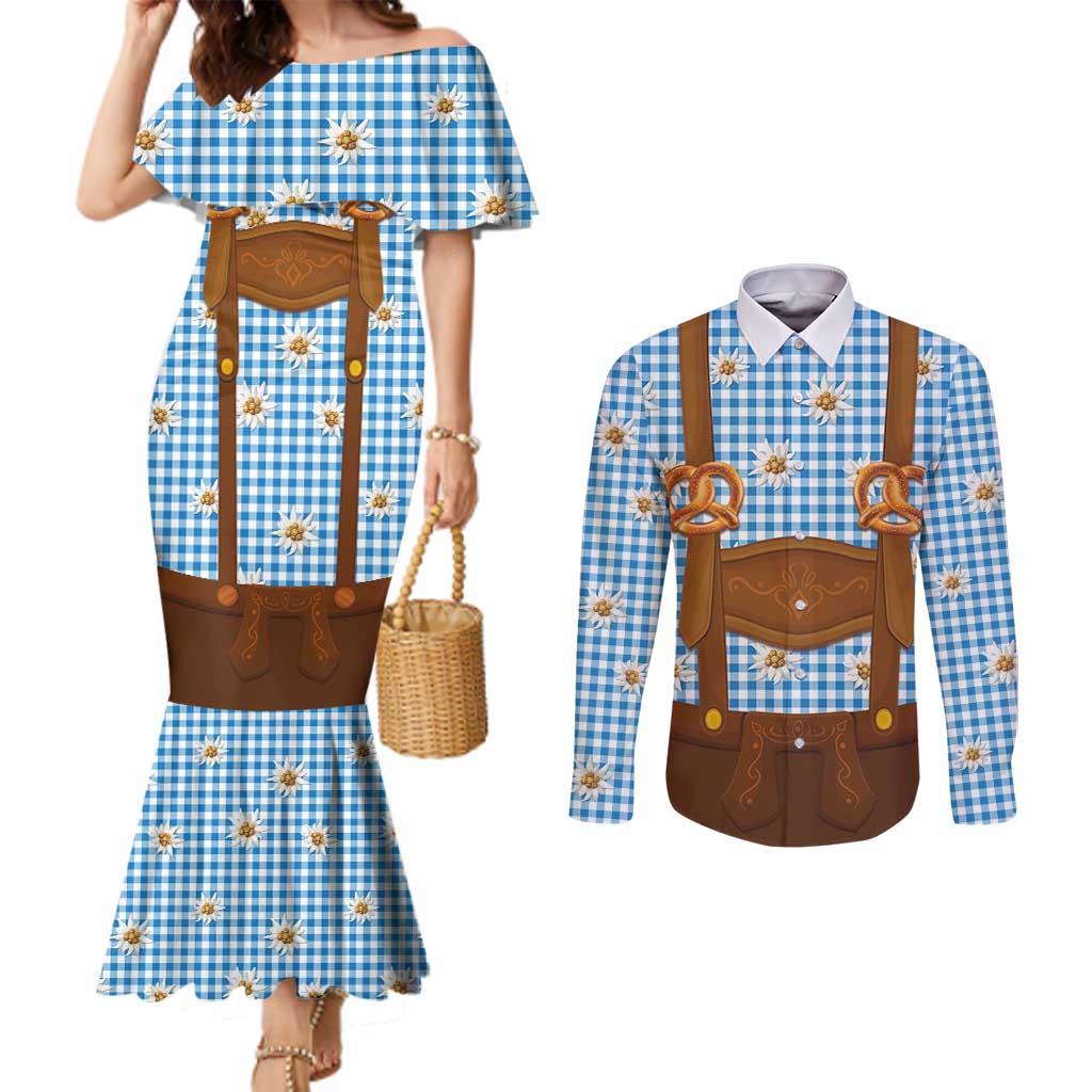 Traditional German Costume - Lederhosen and Soft Pretzel Couples Matching Mermaid Dress and Long Sleeve Button Shirt Red Plaid Pattern with Edelweiss Flowers