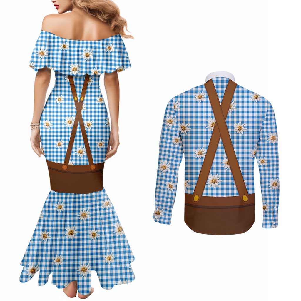 Traditional German Costume - Lederhosen and Soft Pretzel Couples Matching Mermaid Dress and Long Sleeve Button Shirt Red Plaid Pattern with Edelweiss Flowers