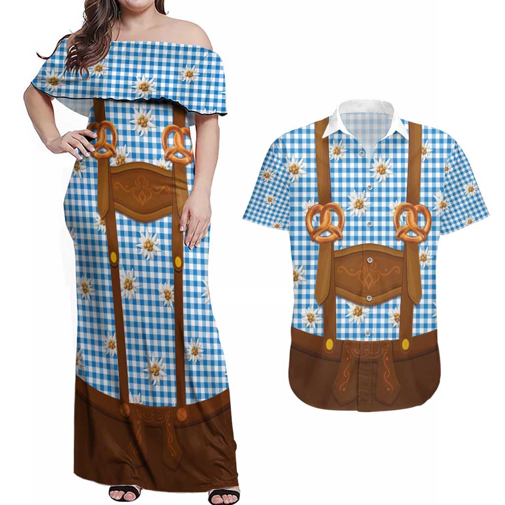 Traditional German Costume - Lederhosen and Soft Pretzel Couples Matching Off Shoulder Maxi Dress and Hawaiian Shirt Red Plaid Pattern with Edelweiss Flowers