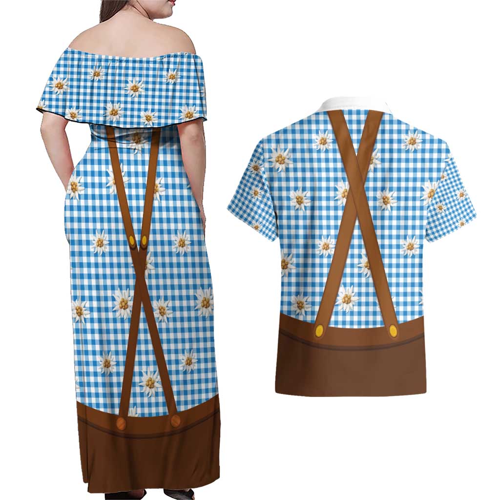 Traditional German Costume - Lederhosen and Soft Pretzel Couples Matching Off Shoulder Maxi Dress and Hawaiian Shirt Red Plaid Pattern with Edelweiss Flowers