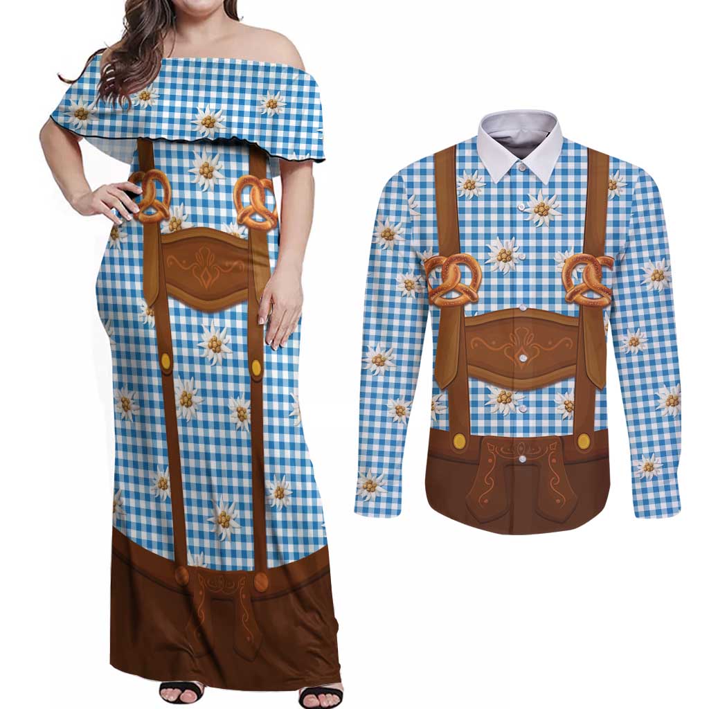 Traditional German Costume - Lederhosen and Soft Pretzel Couples Matching Off Shoulder Maxi Dress and Long Sleeve Button Shirt Red Plaid Pattern with Edelweiss Flowers