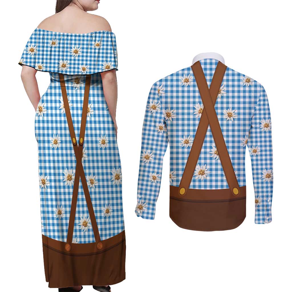 Traditional German Costume - Lederhosen and Soft Pretzel Couples Matching Off Shoulder Maxi Dress and Long Sleeve Button Shirt Red Plaid Pattern with Edelweiss Flowers