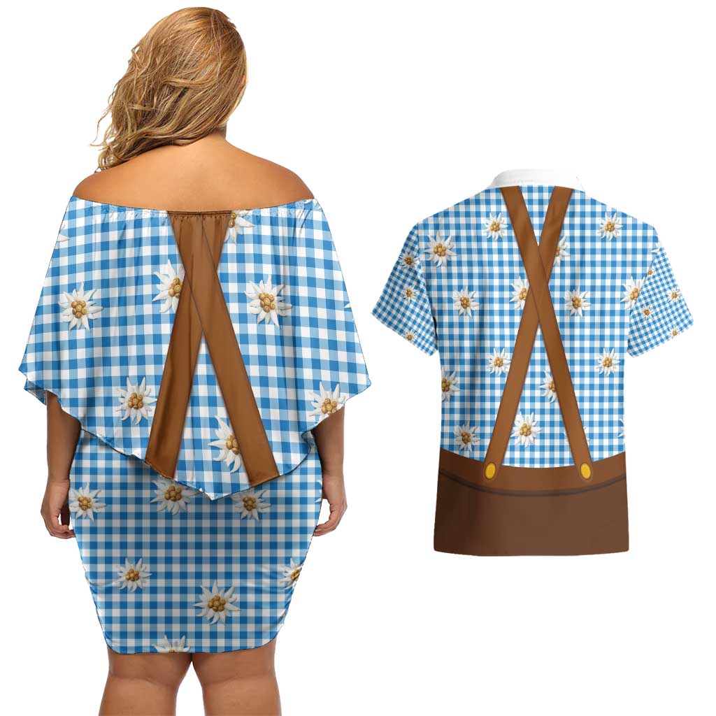 Traditional German Costume - Lederhosen and Soft Pretzel Couples Matching Off Shoulder Short Dress and Hawaiian Shirt Red Plaid Pattern with Edelweiss Flowers