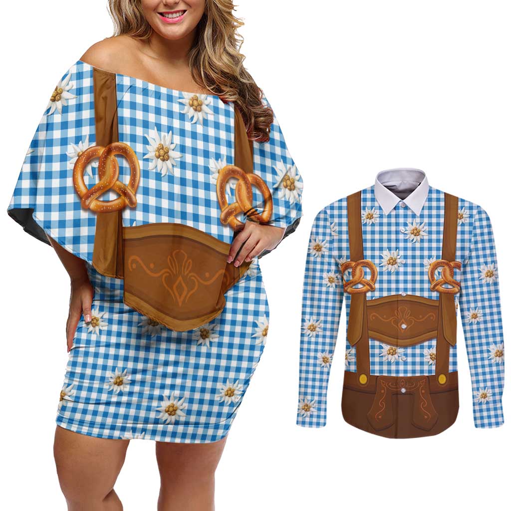 Traditional German Costume - Lederhosen and Soft Pretzel Couples Matching Off Shoulder Short Dress and Long Sleeve Button Shirt Red Plaid Pattern with Edelweiss Flowers