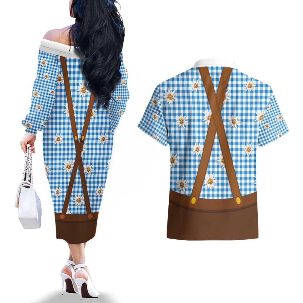 Traditional German Costume - Lederhosen and Soft Pretzel Couples Matching Off The Shoulder Long Sleeve Dress and Hawaiian Shirt Red Plaid Pattern with Edelweiss Flowers