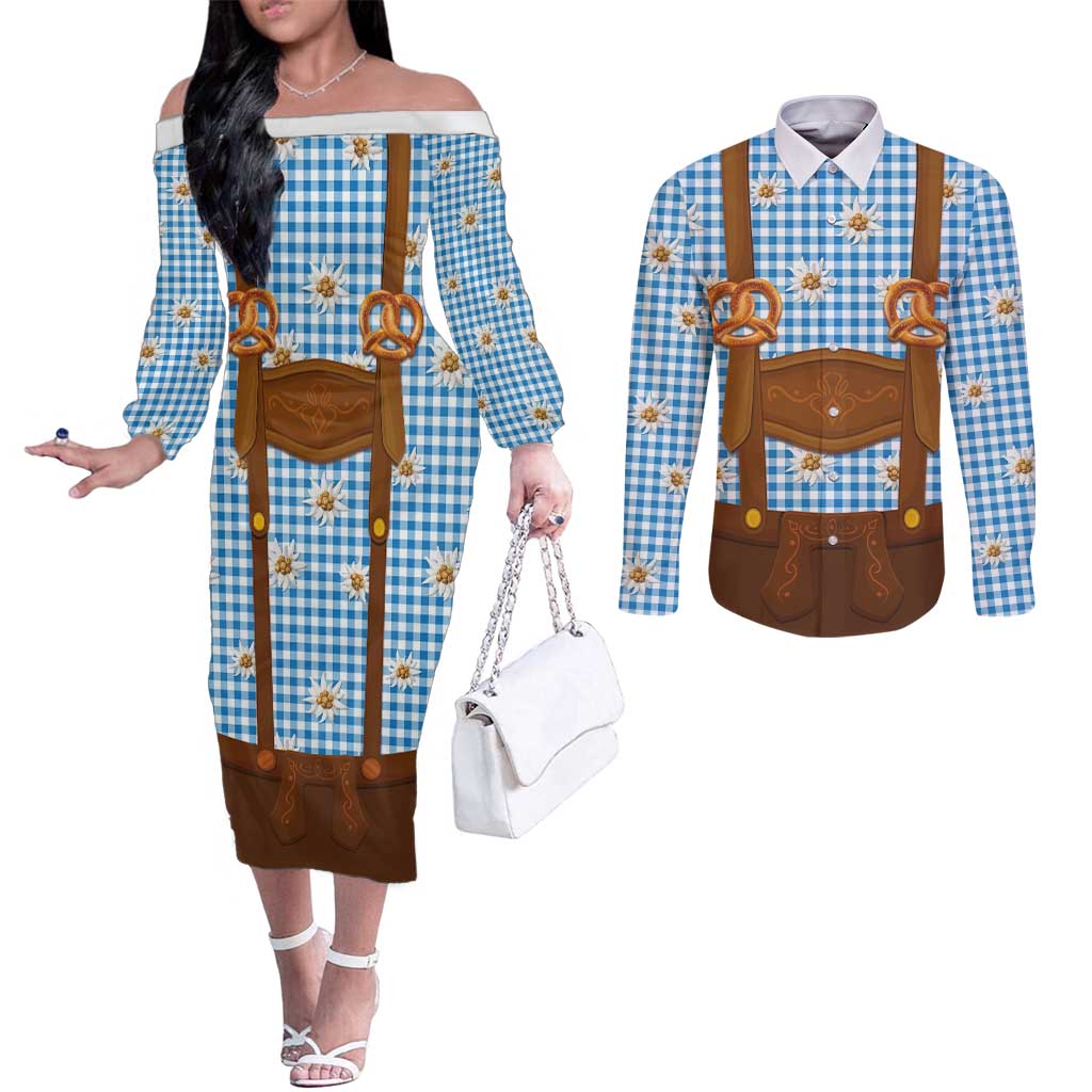 Traditional German Costume - Lederhosen and Soft Pretzel Couples Matching Off The Shoulder Long Sleeve Dress and Long Sleeve Button Shirt Red Plaid Pattern with Edelweiss Flowers