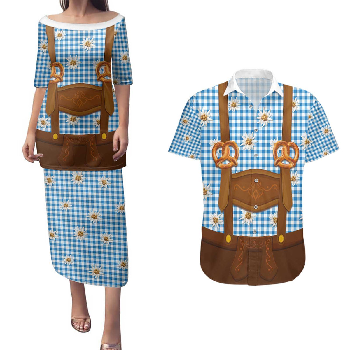 Traditional German Costume - Lederhosen and Soft Pretzel Couples Matching Puletasi and Hawaiian Shirt Red Plaid Pattern with Edelweiss Flowers