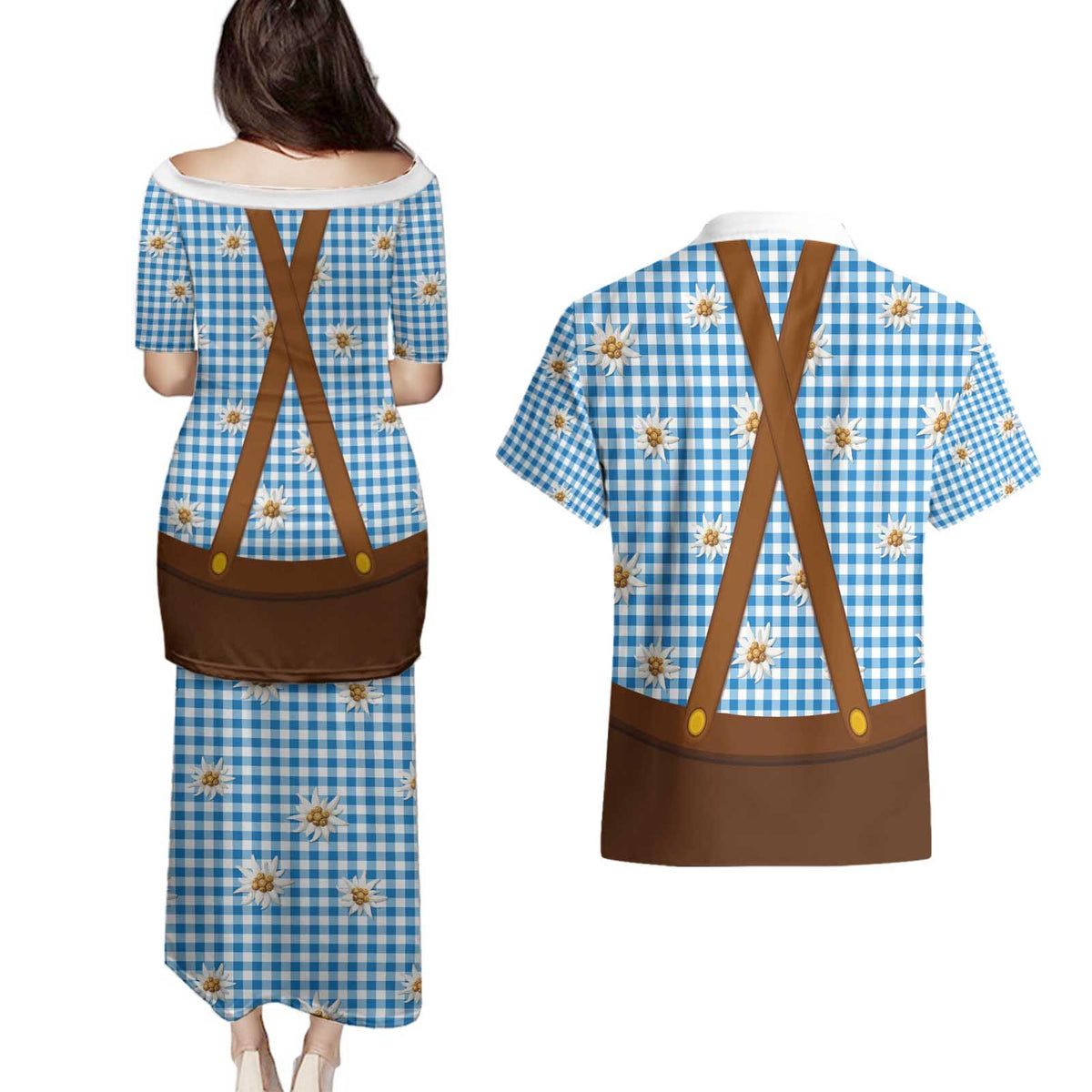 Traditional German Costume - Lederhosen and Soft Pretzel Couples Matching Puletasi and Hawaiian Shirt Red Plaid Pattern with Edelweiss Flowers
