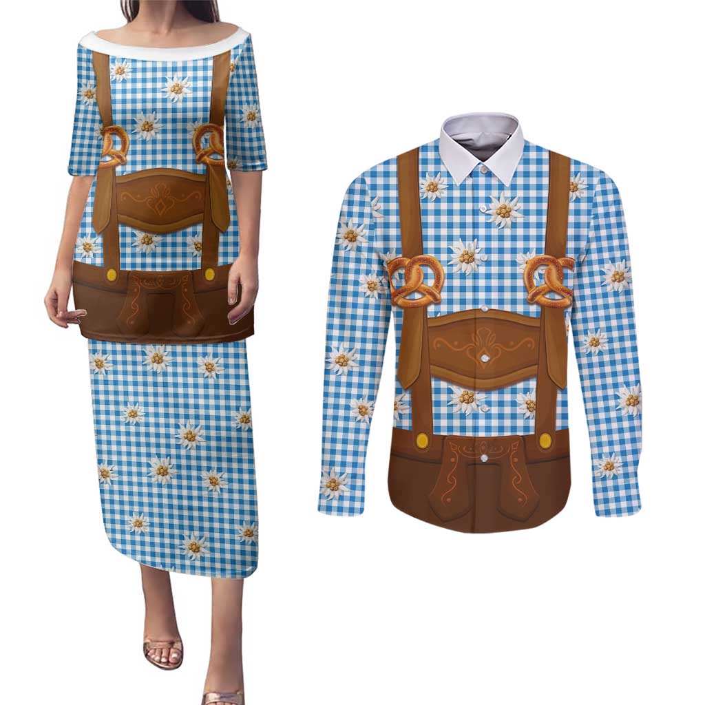 Traditional German Costume - Lederhosen and Soft Pretzel Couples Matching Puletasi and Long Sleeve Button Shirt Red Plaid Pattern with Edelweiss Flowers