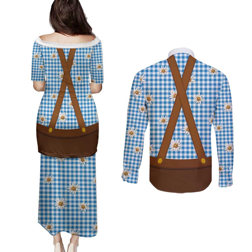 Traditional German Costume - Lederhosen and Soft Pretzel Couples Matching Puletasi and Long Sleeve Button Shirt Red Plaid Pattern with Edelweiss Flowers