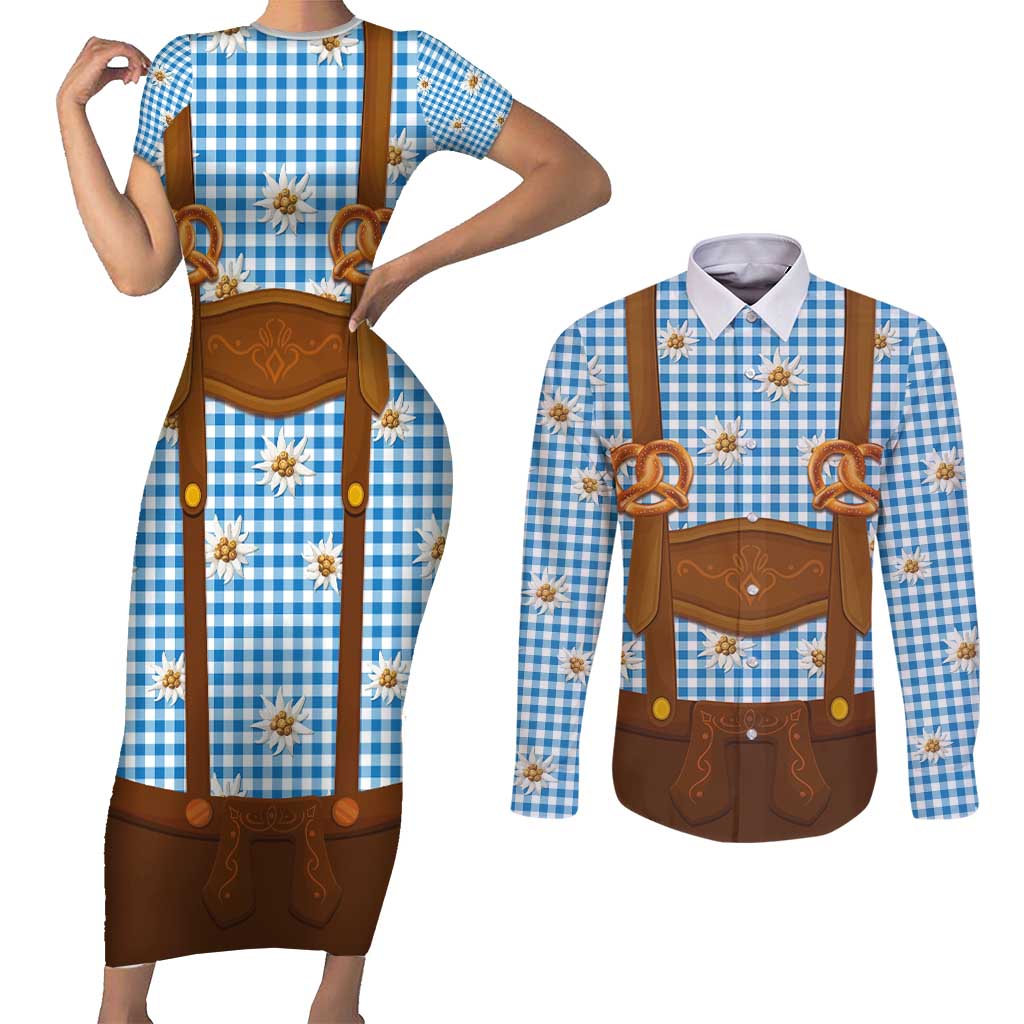 Traditional German Costume - Lederhosen and Soft Pretzel Couples Matching Short Sleeve Bodycon Dress and Long Sleeve Button Shirt Red Plaid Pattern with Edelweiss Flowers
