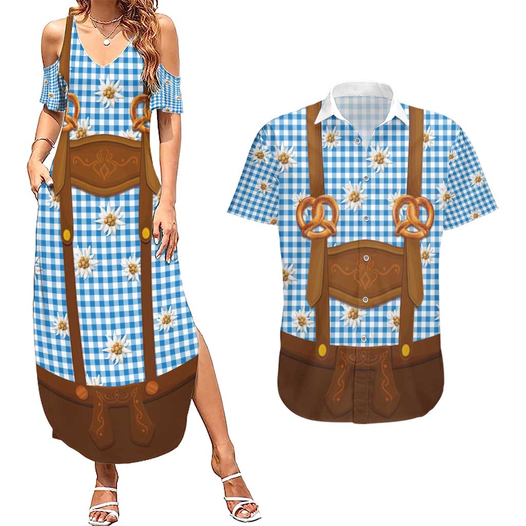 Traditional German Costume - Lederhosen and Soft Pretzel Couples Matching Summer Maxi Dress and Hawaiian Shirt Red Plaid Pattern with Edelweiss Flowers