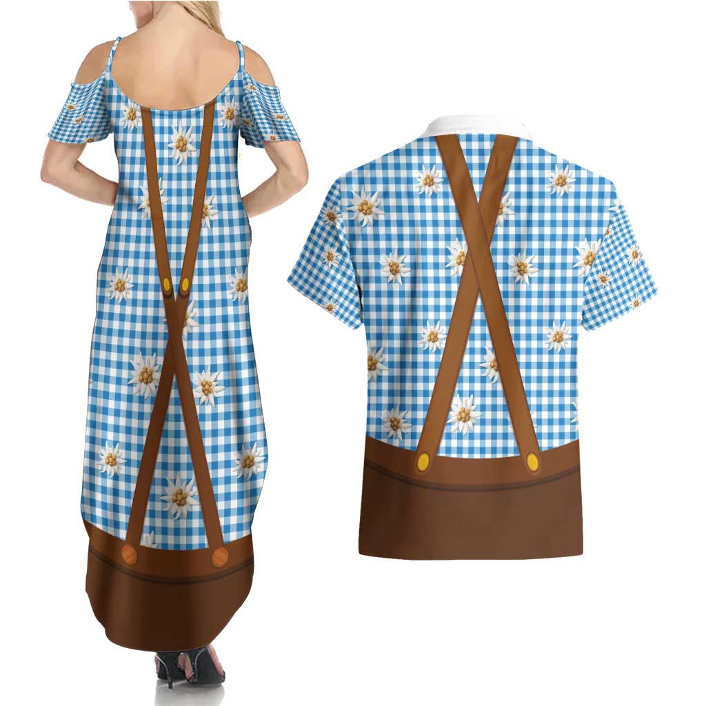 Traditional German Costume - Lederhosen and Soft Pretzel Couples Matching Summer Maxi Dress and Hawaiian Shirt Red Plaid Pattern with Edelweiss Flowers