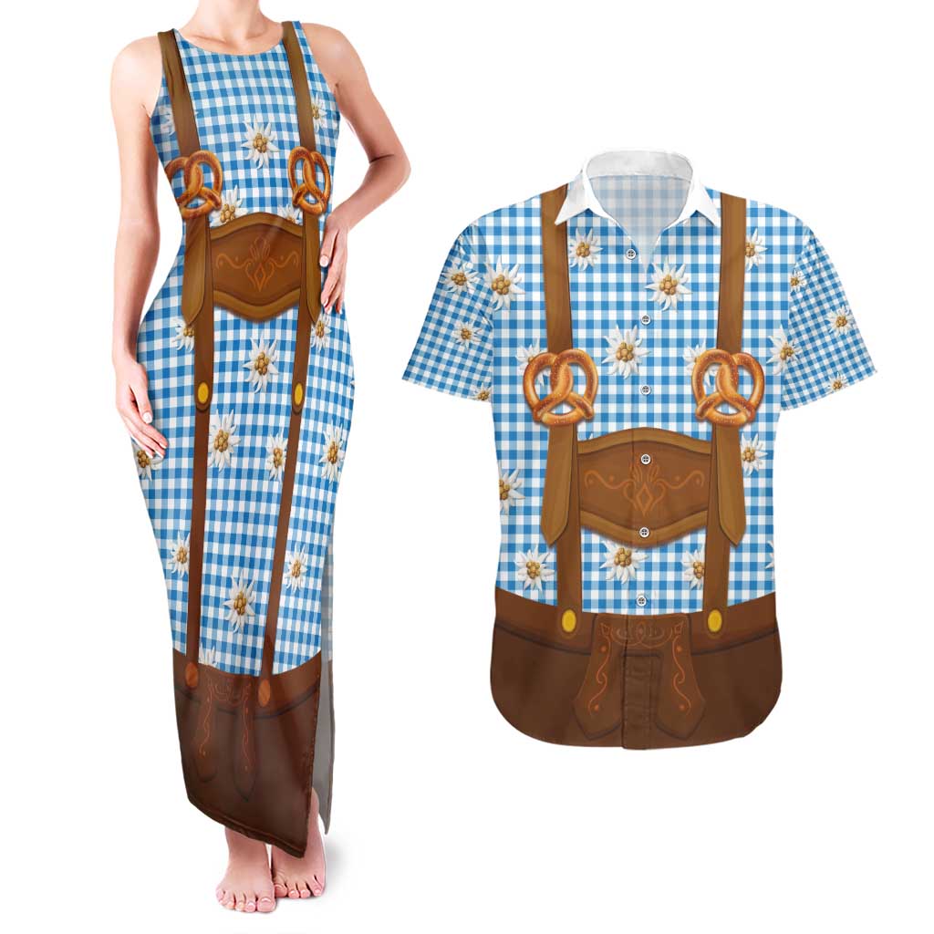 Traditional German Costume - Lederhosen and Soft Pretzel Couples Matching Tank Maxi Dress and Hawaiian Shirt Red Plaid Pattern with Edelweiss Flowers