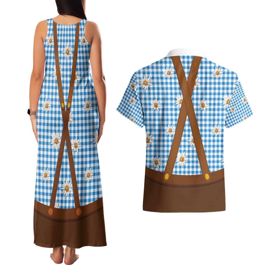 Traditional German Costume - Lederhosen and Soft Pretzel Couples Matching Tank Maxi Dress and Hawaiian Shirt Red Plaid Pattern with Edelweiss Flowers