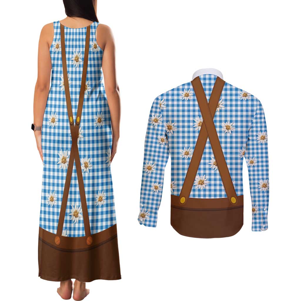 Traditional German Costume - Lederhosen and Soft Pretzel Couples Matching Tank Maxi Dress and Long Sleeve Button Shirt Red Plaid Pattern with Edelweiss Flowers