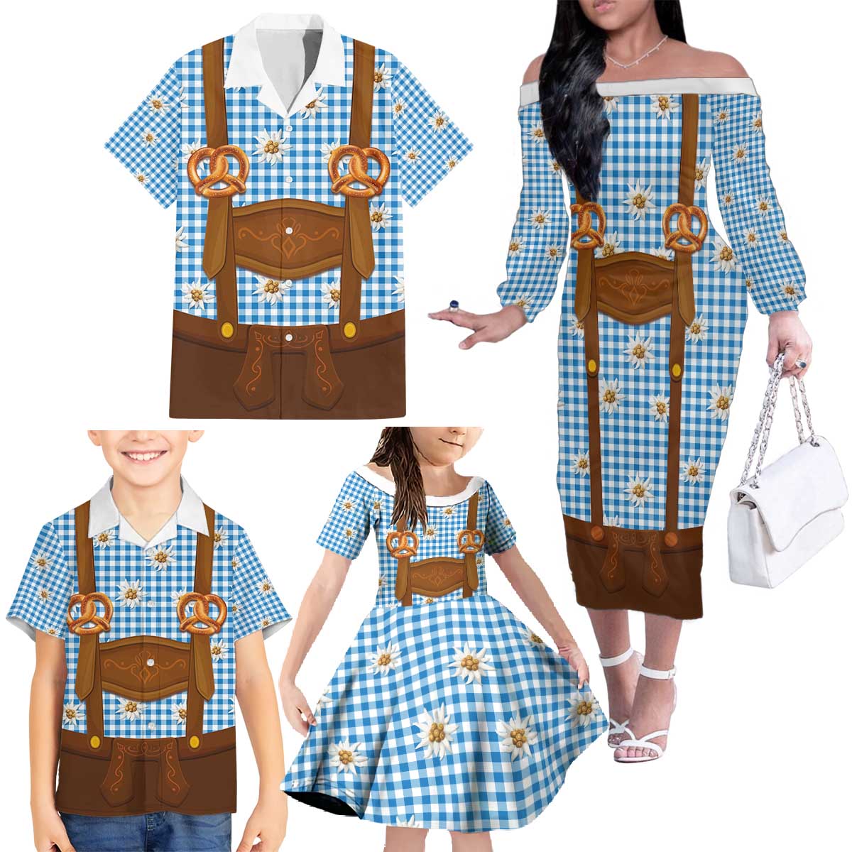 Traditional German Costume - Lederhosen and Soft Pretzel Family Matching Off The Shoulder Long Sleeve Dress and Hawaiian Shirt Red Plaid Pattern with Edelweiss Flowers