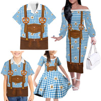 Traditional German Costume - Lederhosen and Soft Pretzel Family Matching Off The Shoulder Long Sleeve Dress and Hawaiian Shirt Red Plaid Pattern with Edelweiss Flowers