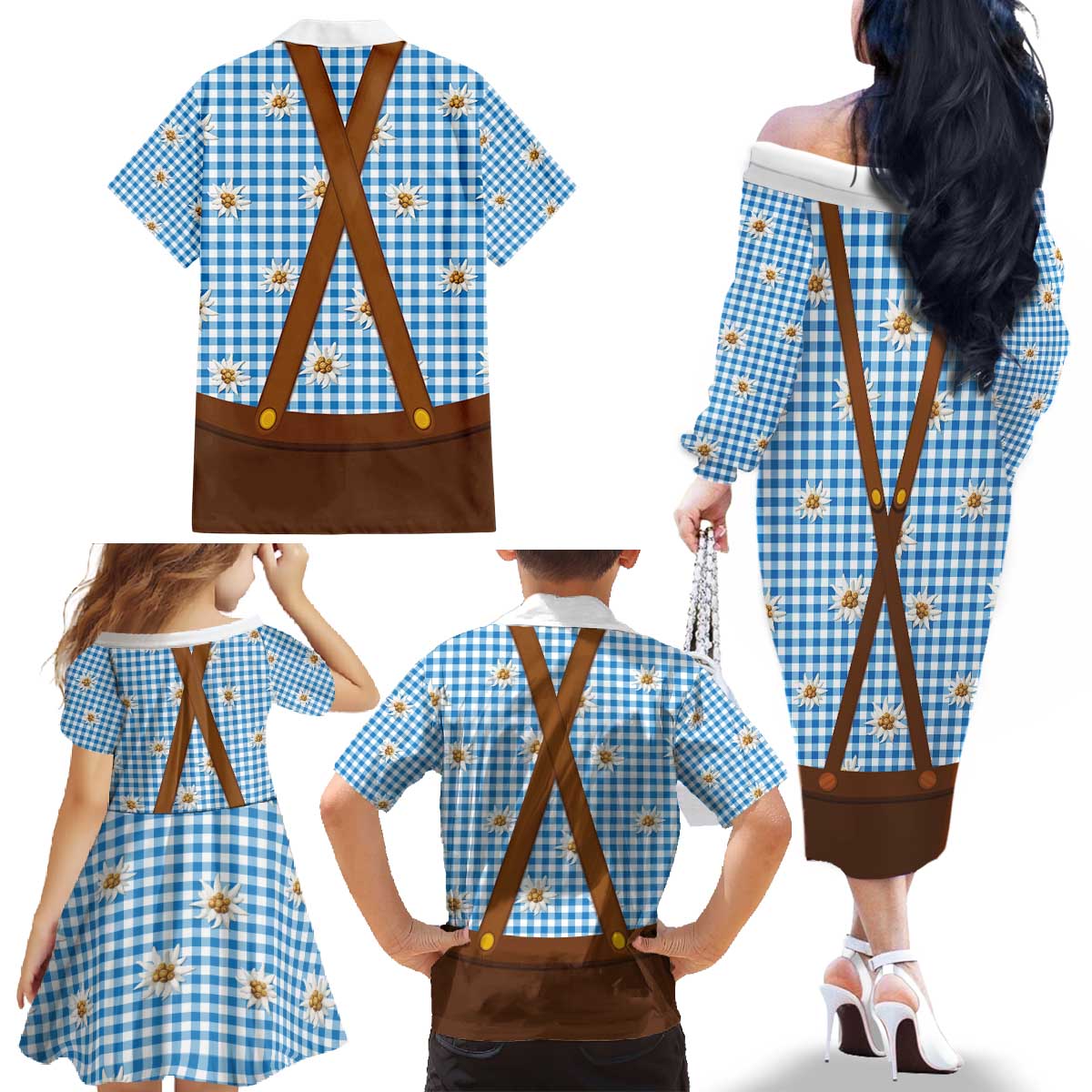 Traditional German Costume - Lederhosen and Soft Pretzel Family Matching Off The Shoulder Long Sleeve Dress and Hawaiian Shirt Red Plaid Pattern with Edelweiss Flowers