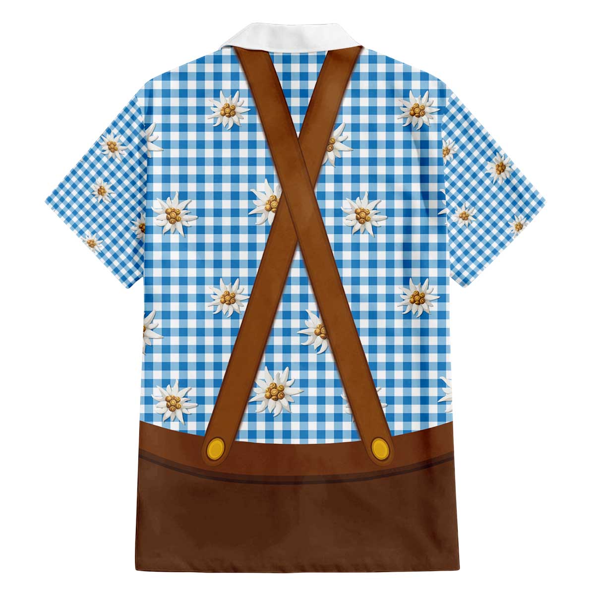 Traditional German Costume - Lederhosen and Soft Pretzel Family Matching Off The Shoulder Long Sleeve Dress and Hawaiian Shirt Red Plaid Pattern with Edelweiss Flowers