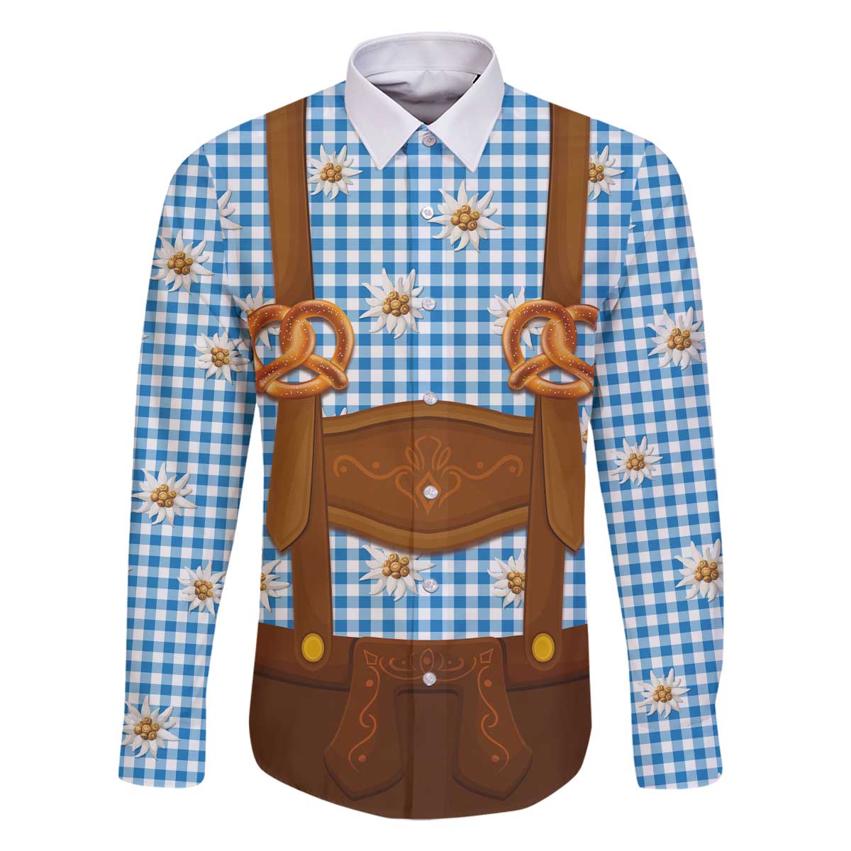 Traditional German Costume - Lederhosen and Soft Pretzel Family Matching Off The Shoulder Long Sleeve Dress and Hawaiian Shirt Red Plaid Pattern with Edelweiss Flowers