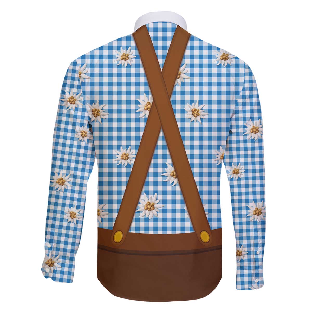 Traditional German Costume - Lederhosen and Soft Pretzel Family Matching Off The Shoulder Long Sleeve Dress and Hawaiian Shirt Red Plaid Pattern with Edelweiss Flowers