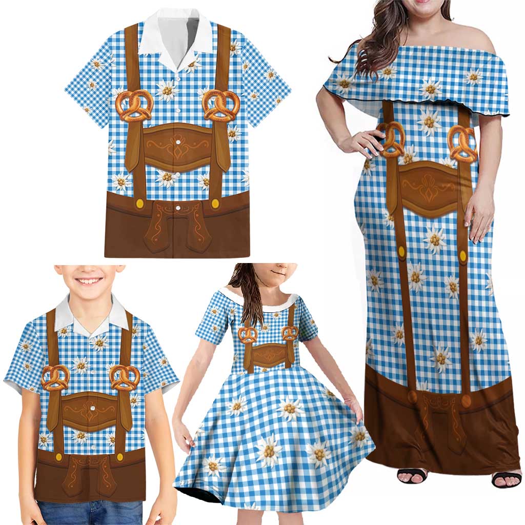 Traditional German Costume - Lederhosen and Soft Pretzel Family Matching Off Shoulder Maxi Dress and Hawaiian Shirt Red Plaid Pattern with Edelweiss Flowers