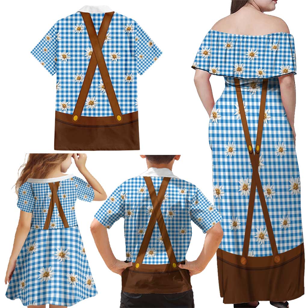 Traditional German Costume - Lederhosen and Soft Pretzel Family Matching Off Shoulder Maxi Dress and Hawaiian Shirt Red Plaid Pattern with Edelweiss Flowers