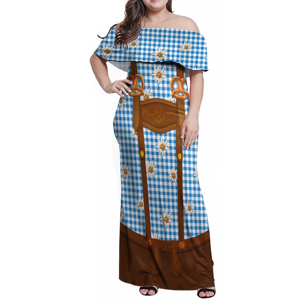 Traditional German Costume - Lederhosen and Soft Pretzel Family Matching Off Shoulder Maxi Dress and Hawaiian Shirt Red Plaid Pattern with Edelweiss Flowers