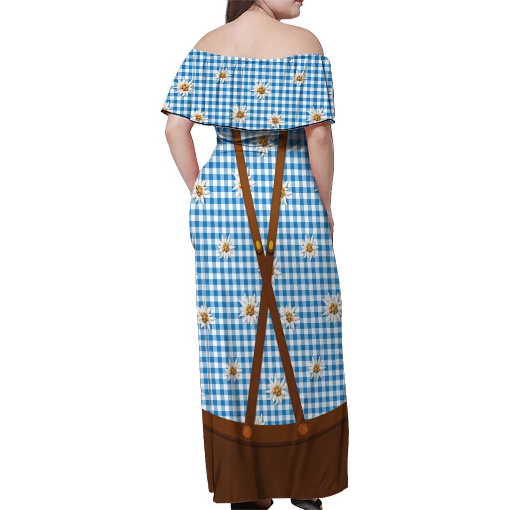 Traditional German Costume - Lederhosen and Soft Pretzel Family Matching Off Shoulder Maxi Dress and Hawaiian Shirt Red Plaid Pattern with Edelweiss Flowers