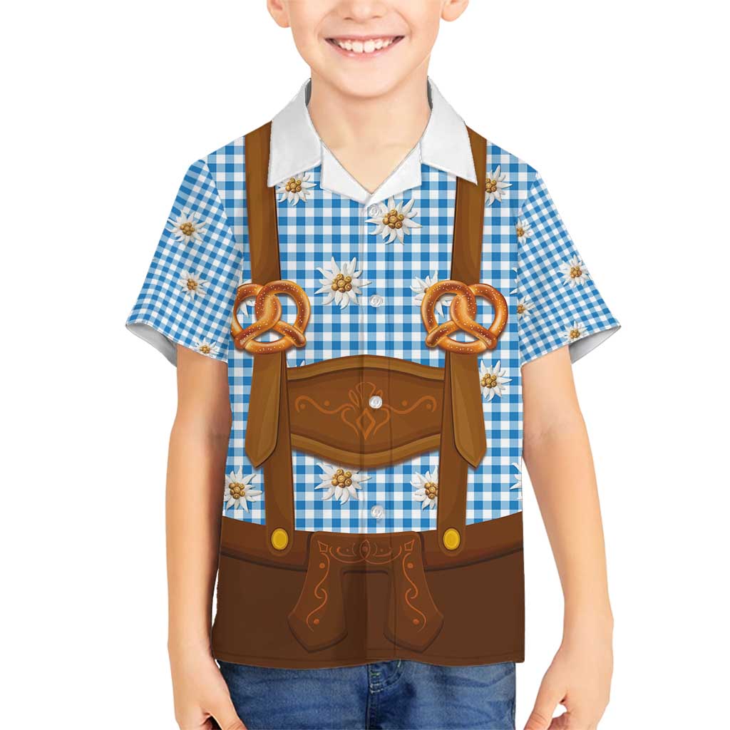 Traditional German Costume - Lederhosen and Soft Pretzel Family Matching Off Shoulder Short Dress and Hawaiian Shirt Red Plaid Pattern with Edelweiss Flowers