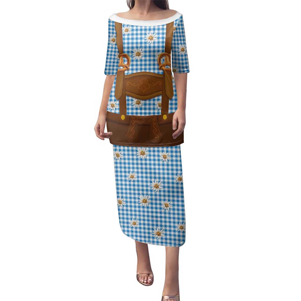 Traditional German Costume - Lederhosen and Soft Pretzel Family Matching Puletasi and Hawaiian Shirt Red Plaid Pattern with Edelweiss Flowers