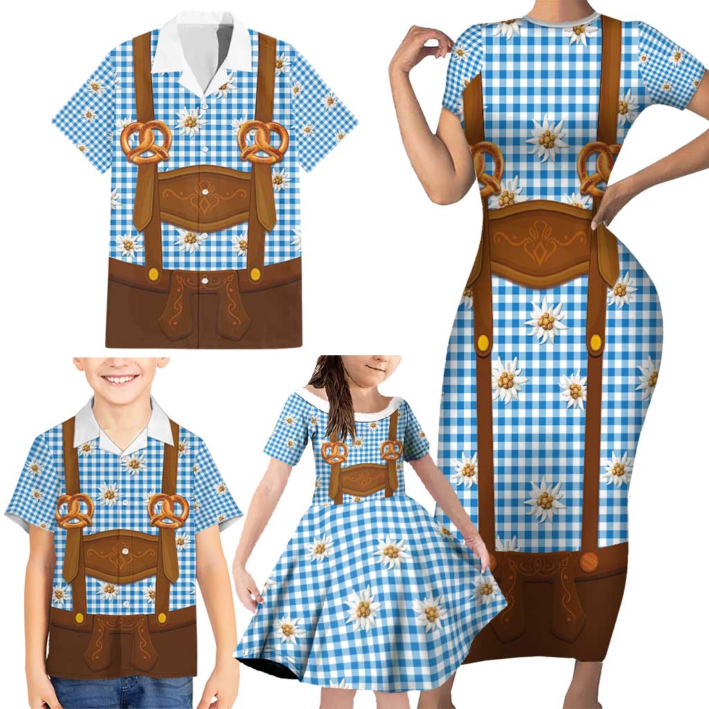 Traditional German Costume - Lederhosen and Soft Pretzel Family Matching Short Sleeve Bodycon Dress and Hawaiian Shirt Red Plaid Pattern with Edelweiss Flowers