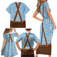 Traditional German Costume - Lederhosen and Soft Pretzel Family Matching Short Sleeve Bodycon Dress and Hawaiian Shirt Red Plaid Pattern with Edelweiss Flowers