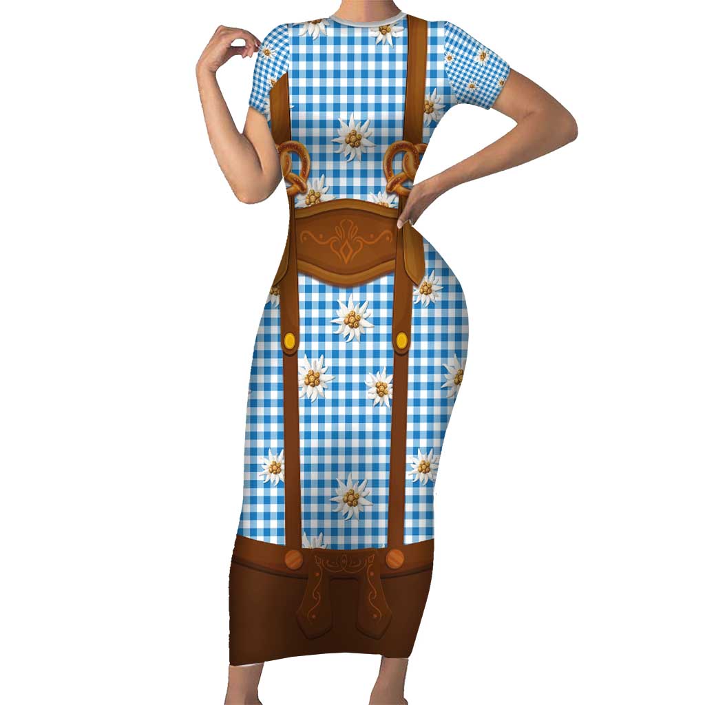 Traditional German Costume - Lederhosen and Soft Pretzel Family Matching Short Sleeve Bodycon Dress and Hawaiian Shirt Red Plaid Pattern with Edelweiss Flowers