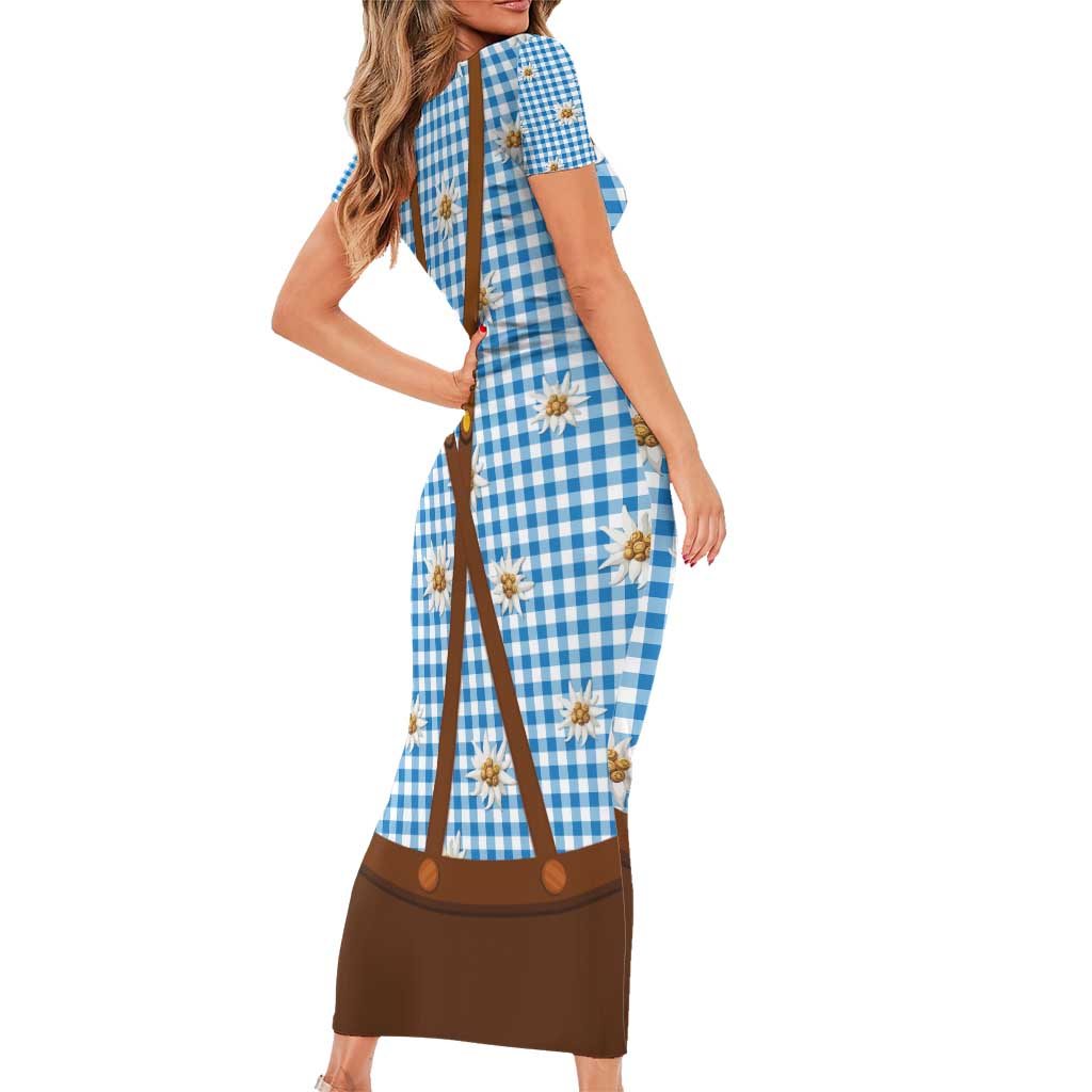 Traditional German Costume - Lederhosen and Soft Pretzel Family Matching Short Sleeve Bodycon Dress and Hawaiian Shirt Red Plaid Pattern with Edelweiss Flowers