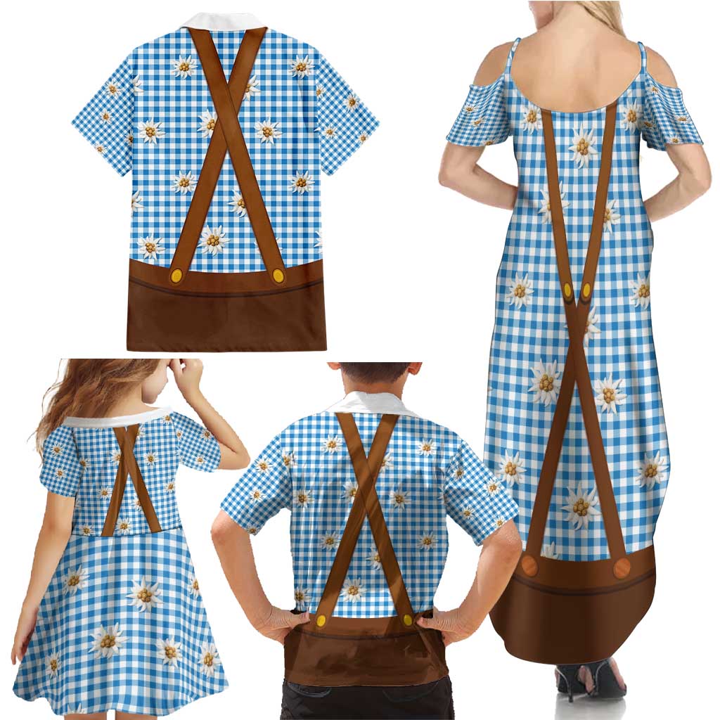 Traditional German Costume - Lederhosen and Soft Pretzel Family Matching Summer Maxi Dress and Hawaiian Shirt Red Plaid Pattern with Edelweiss Flowers