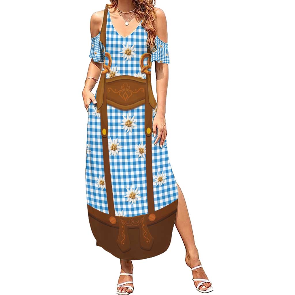 Traditional German Costume - Lederhosen and Soft Pretzel Family Matching Summer Maxi Dress and Hawaiian Shirt Red Plaid Pattern with Edelweiss Flowers