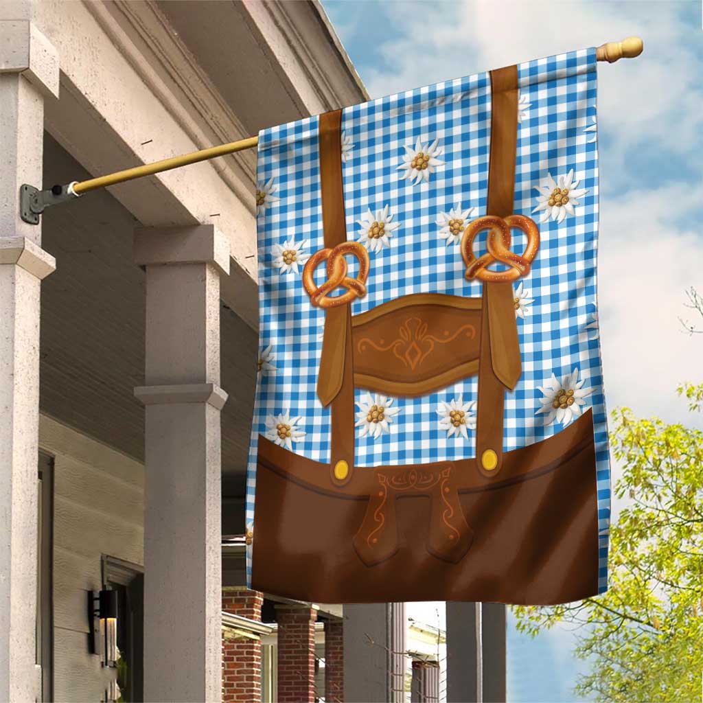 Traditional German Costume - Lederhosen and Soft Pretzel Garden Flag Red Plaid Pattern with Edelweiss Flowers