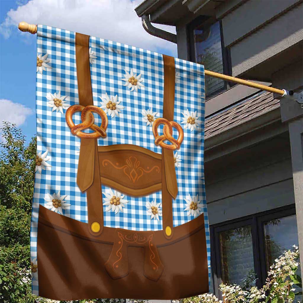 Traditional German Costume - Lederhosen and Soft Pretzel Garden Flag Red Plaid Pattern with Edelweiss Flowers